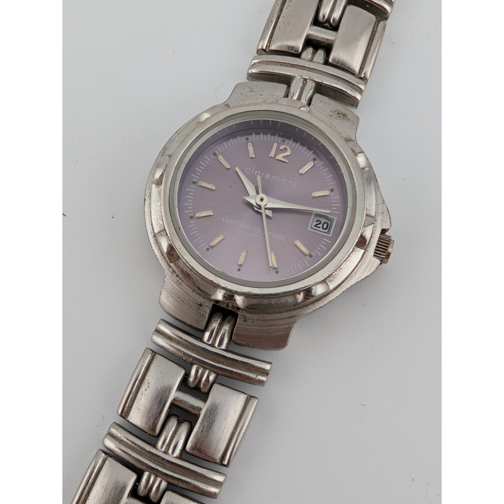 Claremont Watch Women 26mm Case Purple Dial Silver 6"‎ Band- New Battery